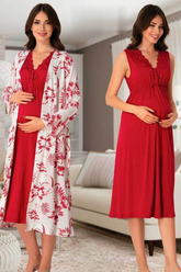 Elegant Lace Collar Maternity-Nursing Nightgown & Patterned Robe Set Cherry - 8035
