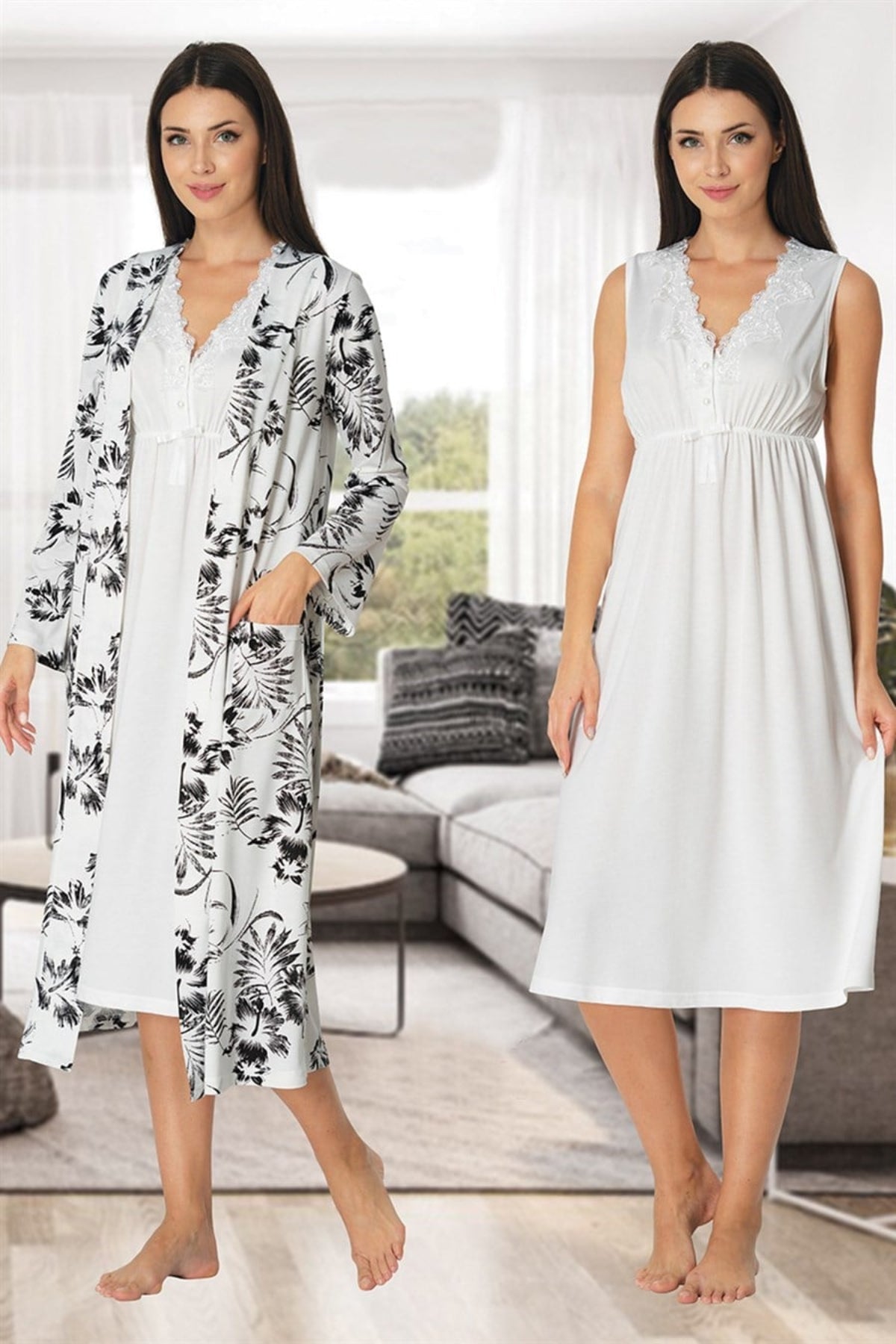 Elegant Lace Collar Maternity-Nursing Nightgown & Patterned Robe Set Ecru - 8035