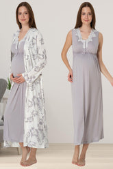 Elegant Lace Collar Maternity-Nursing Nightgown & Patterned Robe Set Grey - 8035