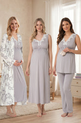 Elegant Lace Collar Patterned 4-Piece Maternity-Nursing Set Grey - 8036