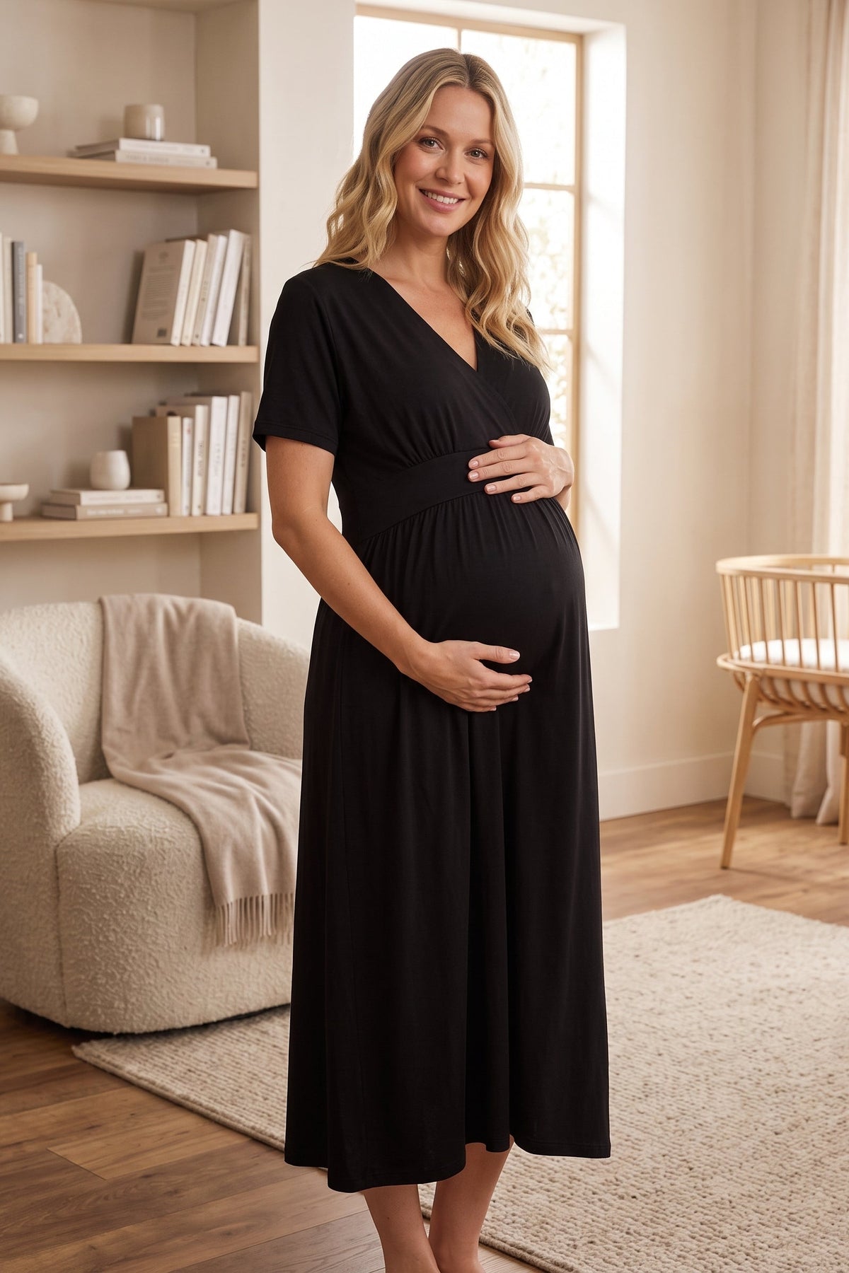 Wrap V-Neck Soft Jersey Maternity & Nursing Nightgown Black - 8078