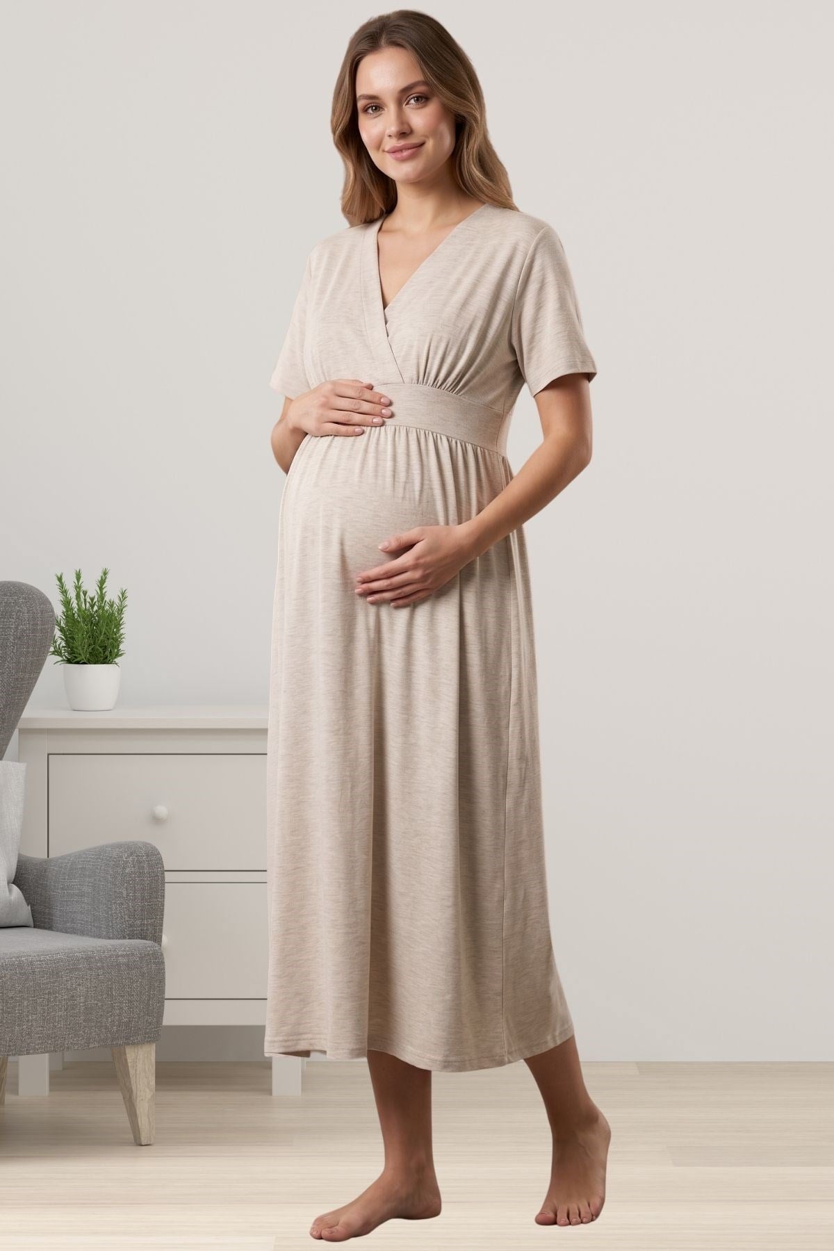 Wrap V-Neck Soft Jersey Maternity & Nursing Nightgown Beige - 8078