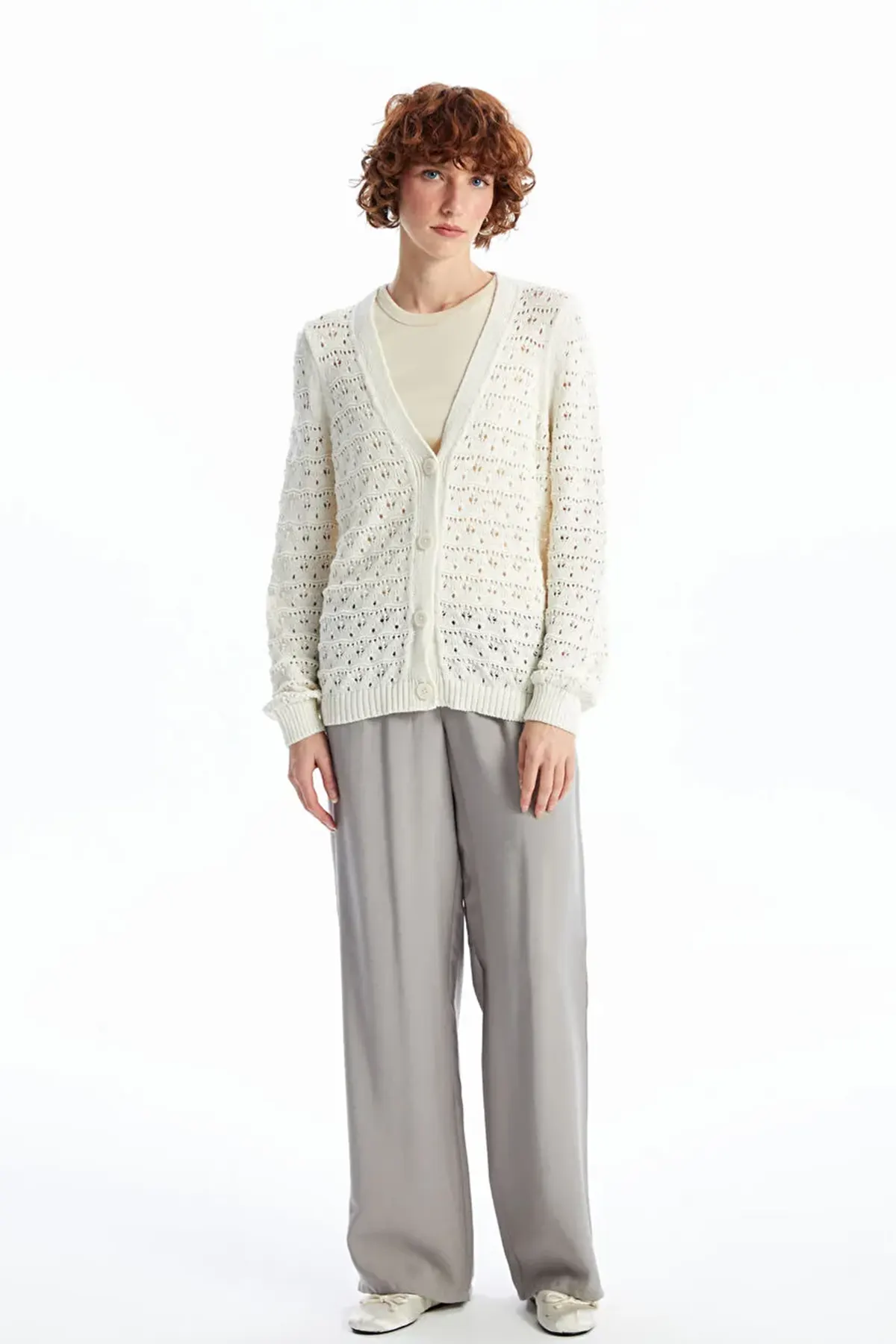 V-Neck Openwork Maternity Knitted Cardigan Ecru - 8078