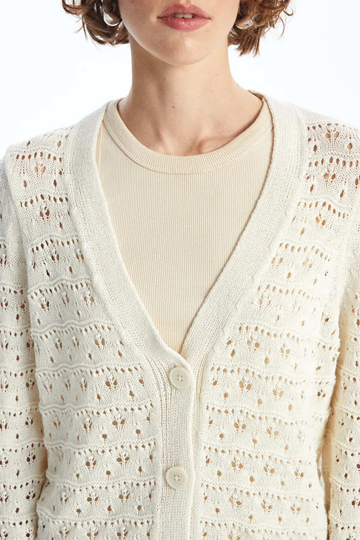 V-Neck Openwork Maternity Knitted Cardigan Ecru - 8078