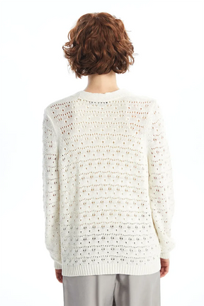 V-Neck Openwork Maternity Knitted Cardigan Ecru - 8078