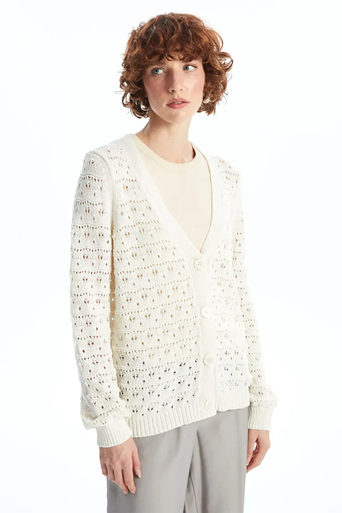 V-Neck Openwork Maternity Knitted Cardigan Ecru - 8078