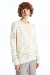 V-Neck Openwork Maternity Knitted Cardigan Ecru - 8078