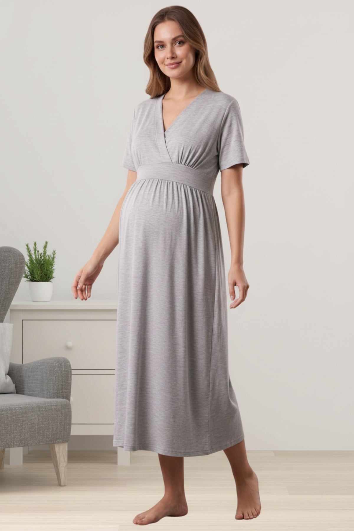 Wrap V-Neck Soft Jersey Maternity & Nursing Nightgown Grey - 8078