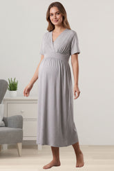 Wrap V-Neck Soft Jersey Maternity & Nursing Nightgown Grey - 8078