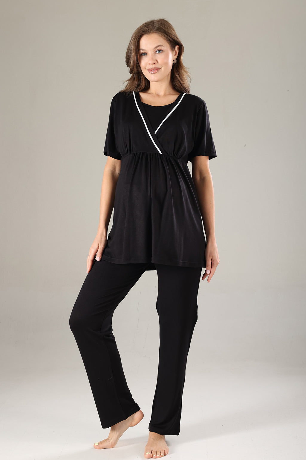 Striped Double Breasted 3-Piece Maternity-Nursing Pajama & Robe Set Black - 808