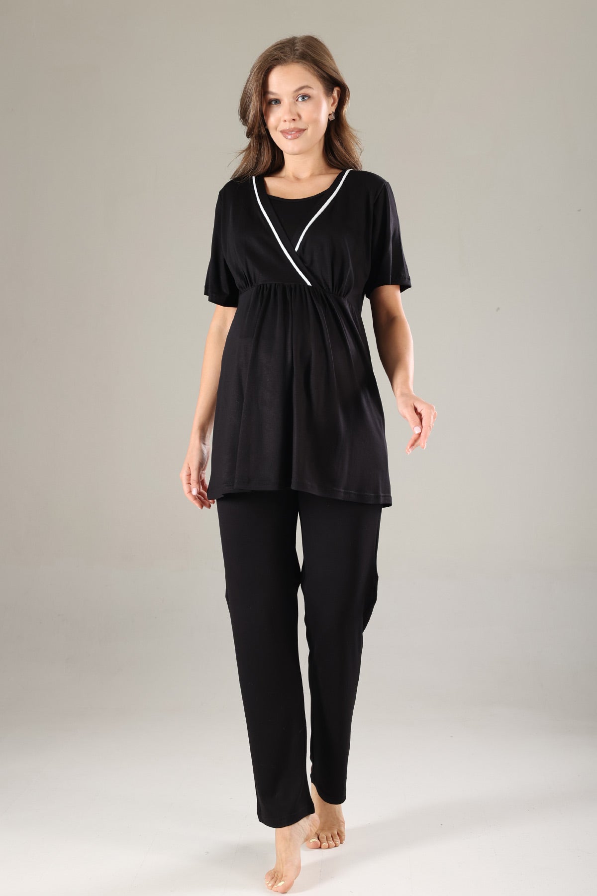 Striped Double Breasted 3-Piece Maternity-Nursing Pajama & Robe Set Black - 808