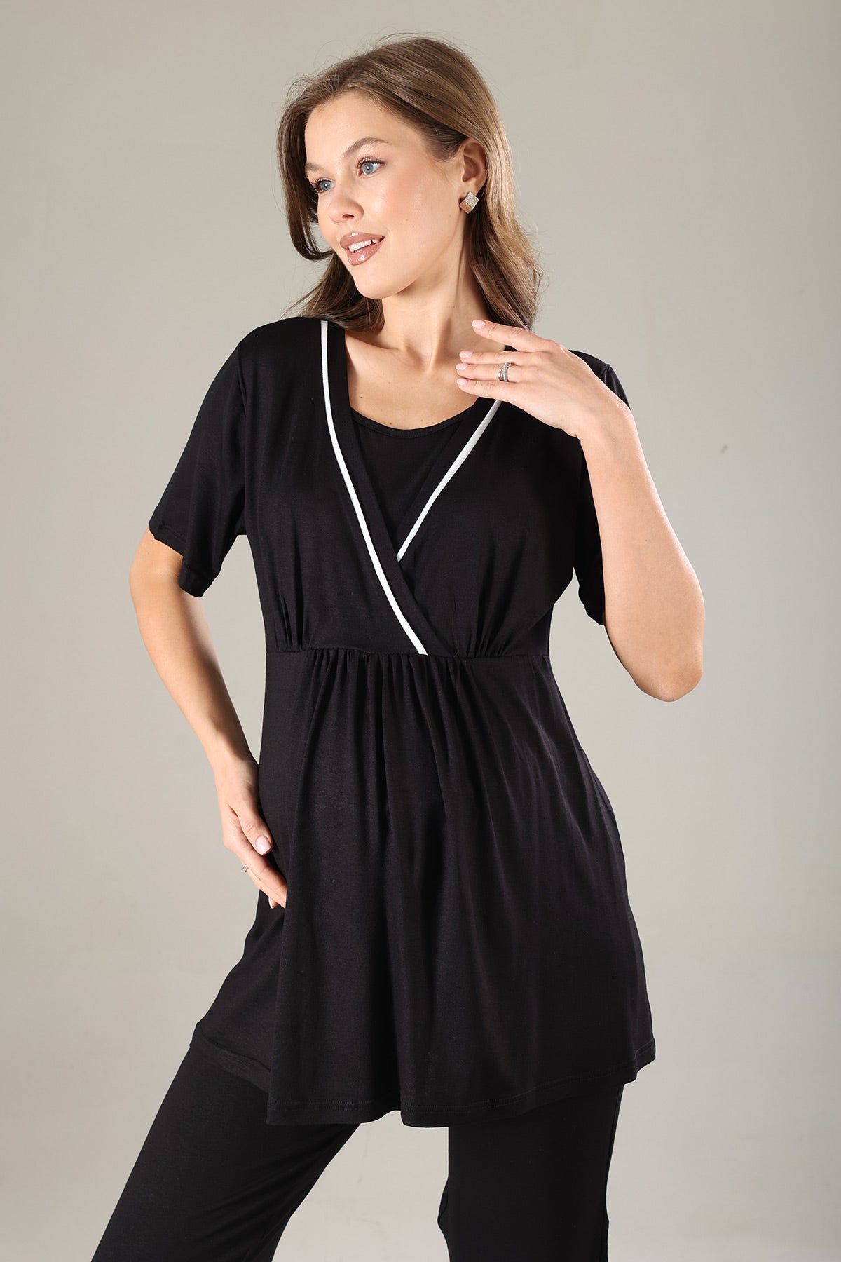 Striped Double Breasted 3-Piece Maternity-Nursing Pajama & Robe Set Black - 808
