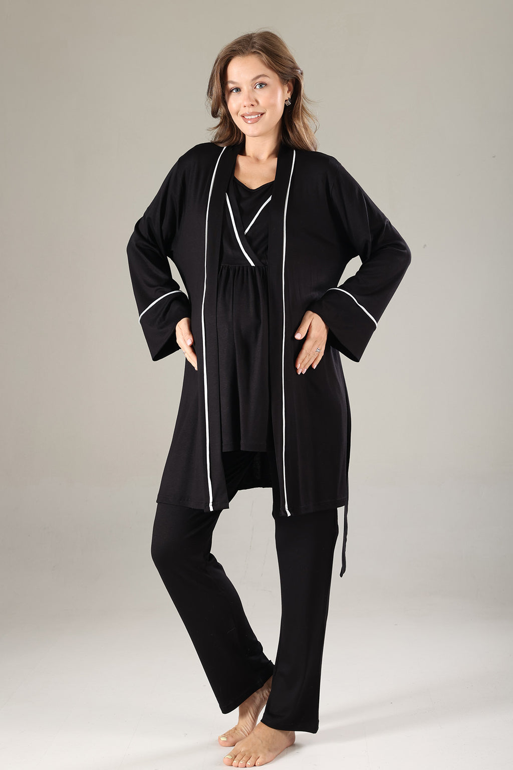 Striped Double Breasted 3-Piece Maternity-Nursing Pajama & Robe Set Black - 808