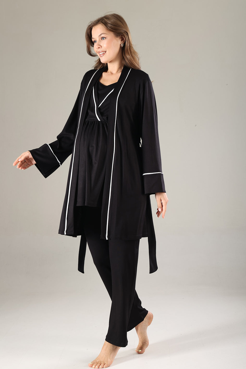 Striped Double Breasted 3-Piece Maternity-Nursing Pajama & Robe Set Black - 808