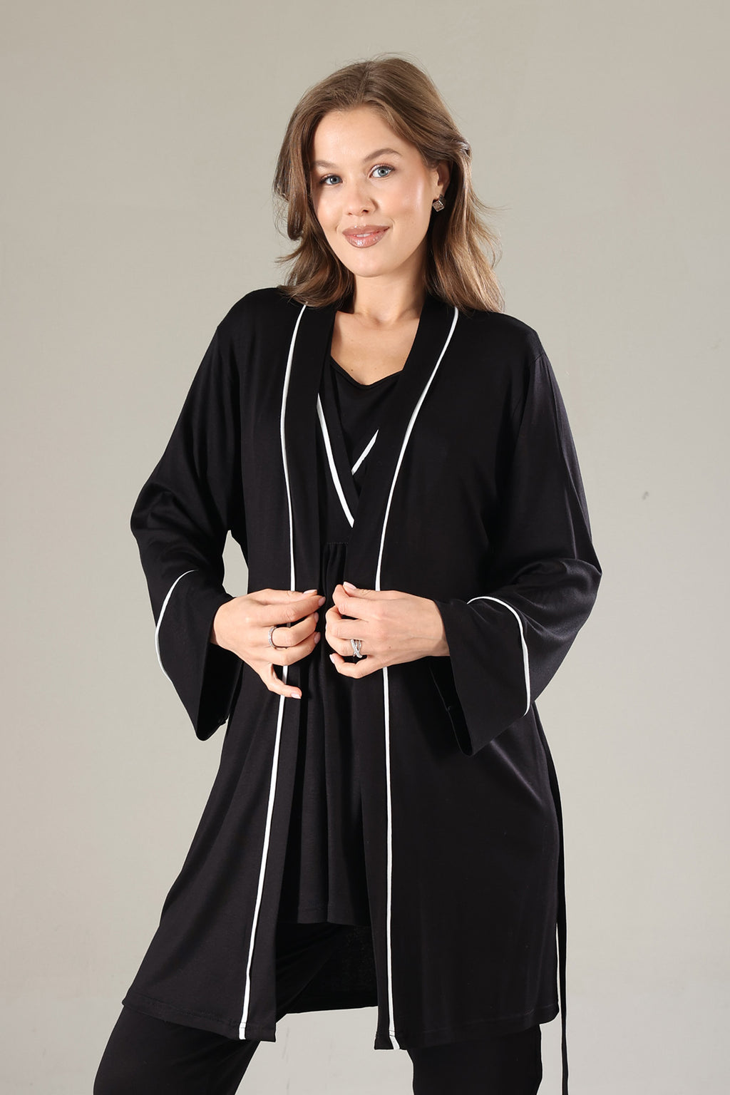 Striped Double Breasted 3-Piece Maternity-Nursing Pajama & Robe Set Black - 808