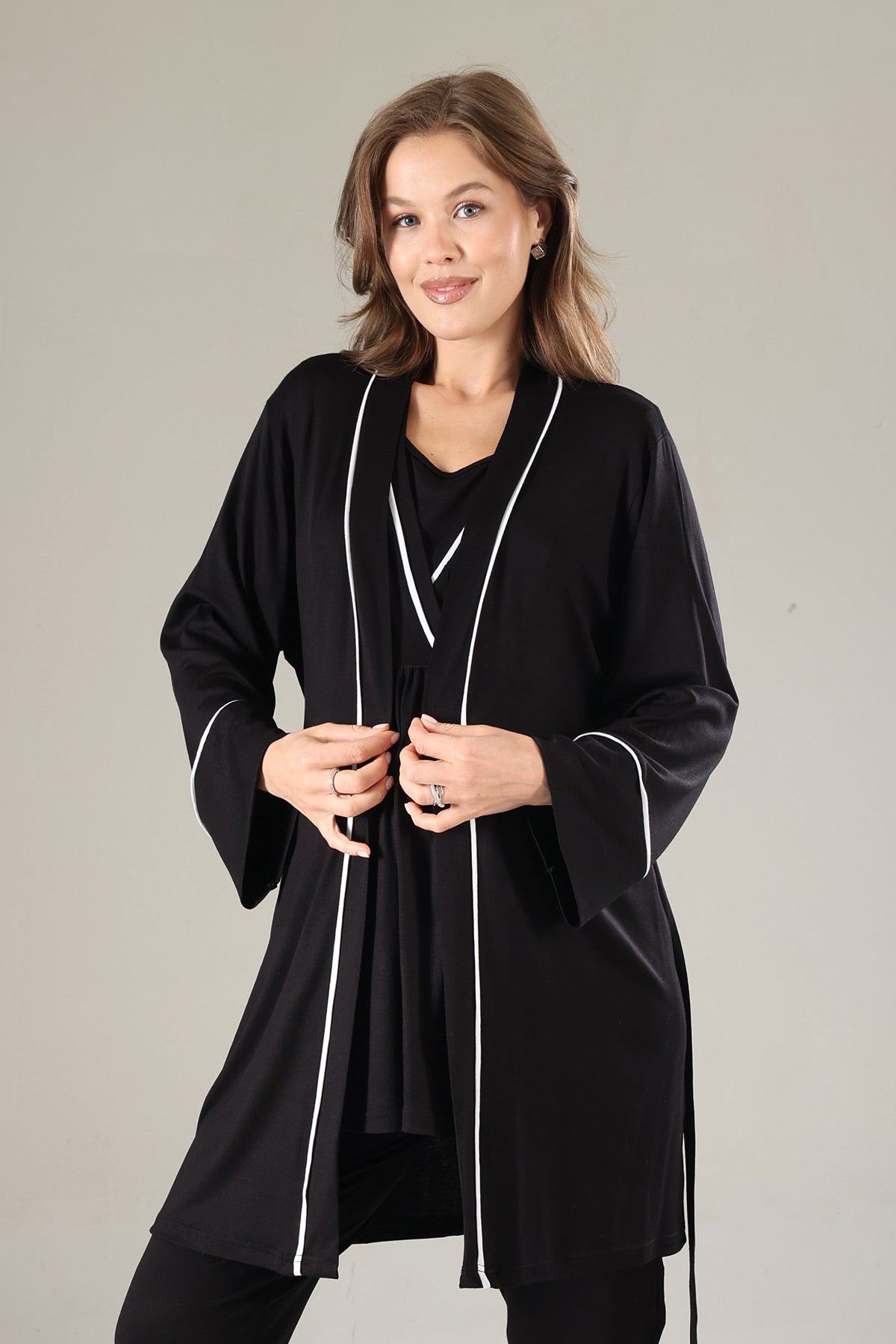 Striped Double Breasted 3-Piece Maternity-Nursing Pajama & Robe Set Black - 808