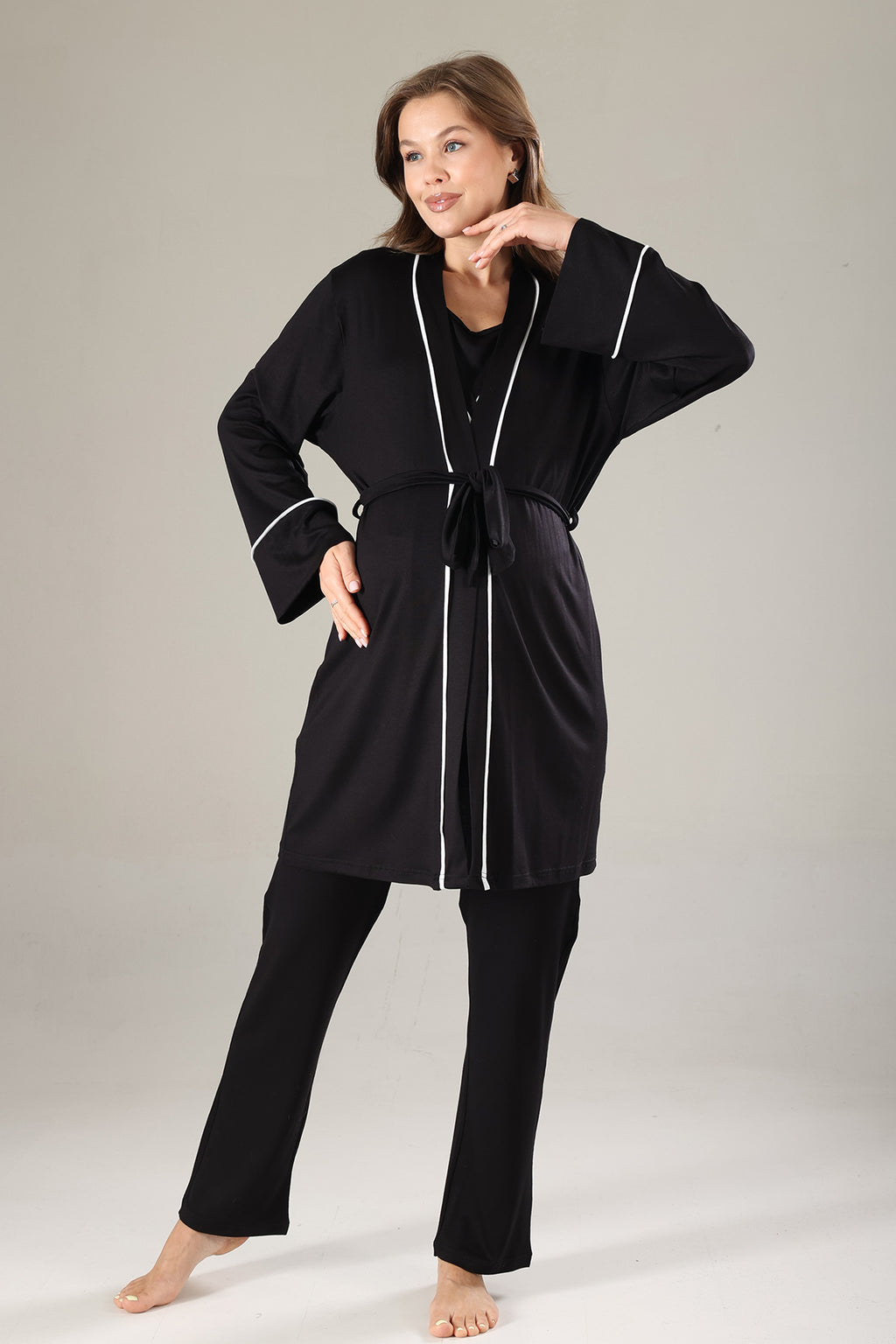 Striped Double Breasted 3-Piece Maternity-Nursing Pajama & Robe Set Black - 808