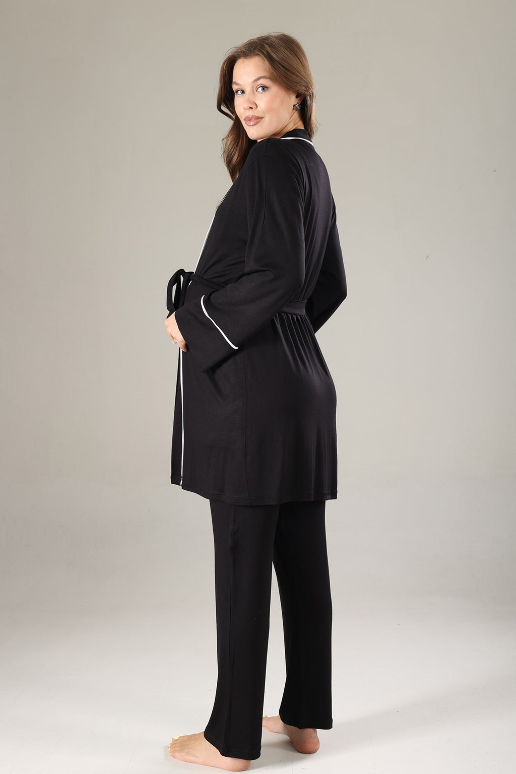 Striped Double Breasted 3-Piece Maternity-Nursing Pajama & Robe Set Black - 808