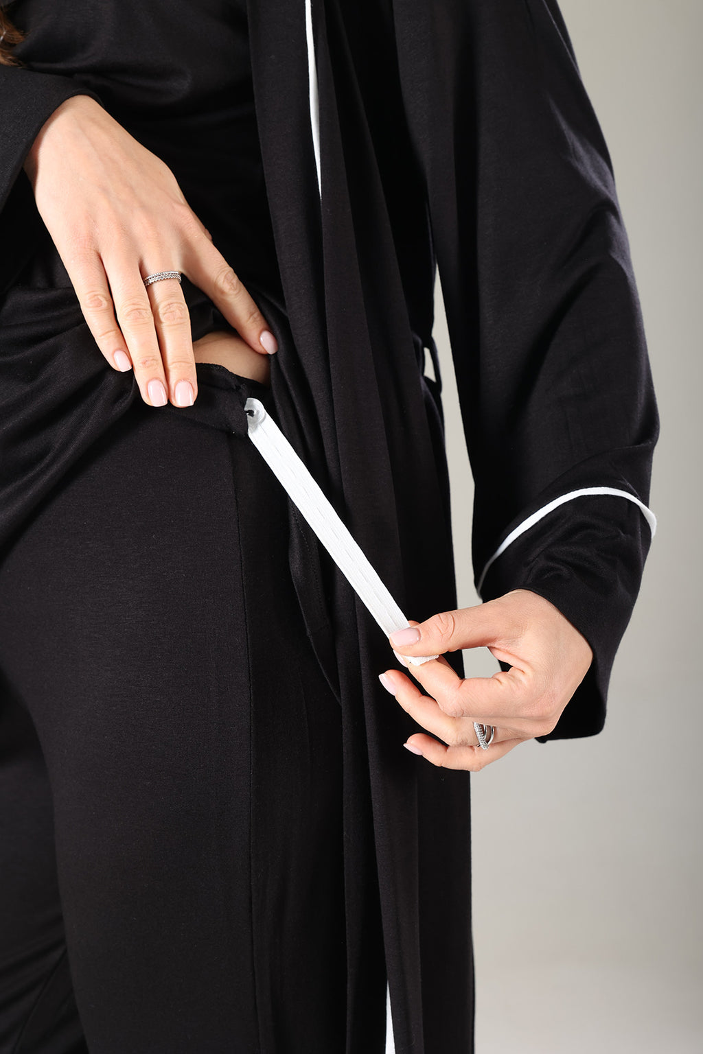 Striped Double Breasted 3-Piece Maternity-Nursing Pajama & Robe Set Black - 808