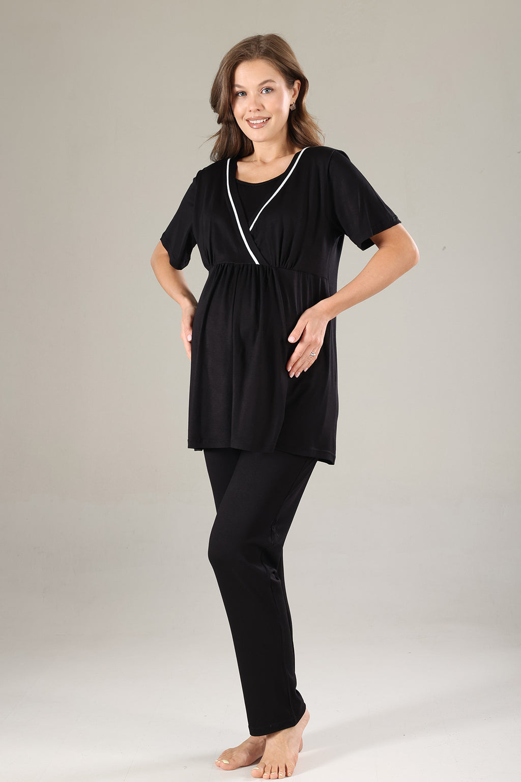 Striped Double Breasted 3-Piece Maternity-Nursing Pajama & Robe Set Black - 808