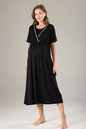 Striped Double Breasted Maternity-Nursing Nightgown & Robe Set Black - 809
