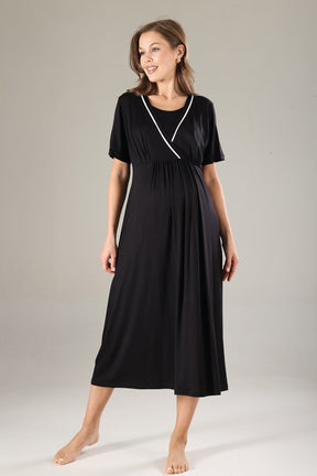 Striped Double Breasted Maternity-Nursing Nightgown & Robe Set Black - 809