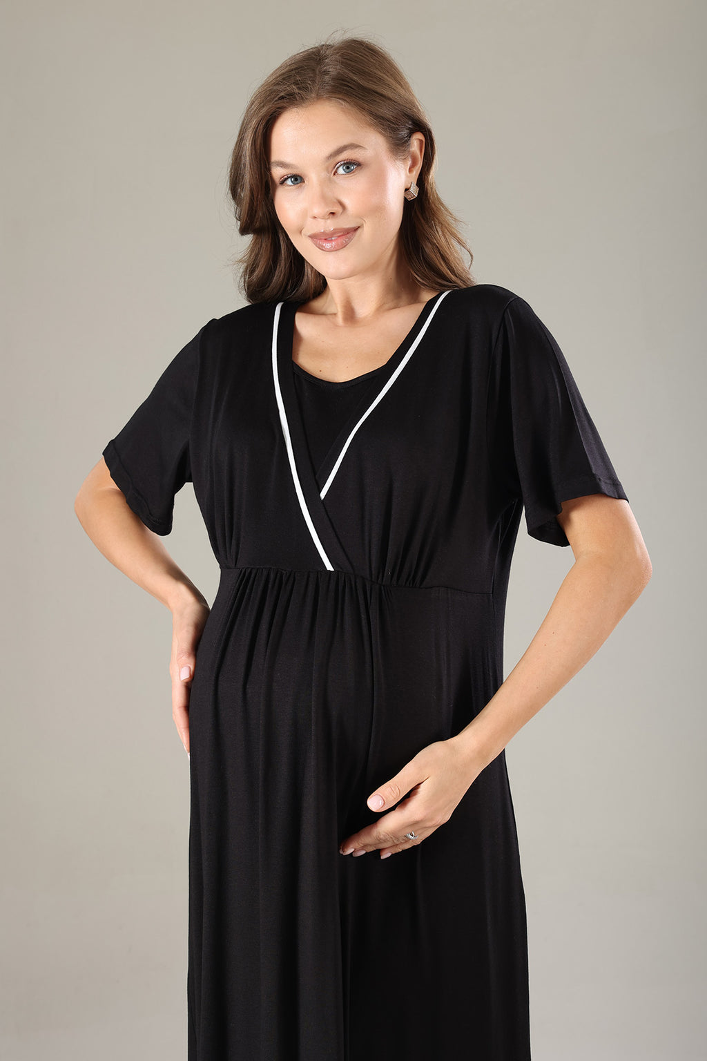 Striped Double Breasted Maternity-Nursing Nightgown & Robe Set Black - 809
