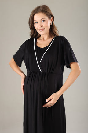 Striped Double Breasted Maternity-Nursing Nightgown & Robe Set Black - 809