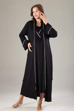 Striped Double Breasted Maternity-Nursing Nightgown & Robe Set Black - 809