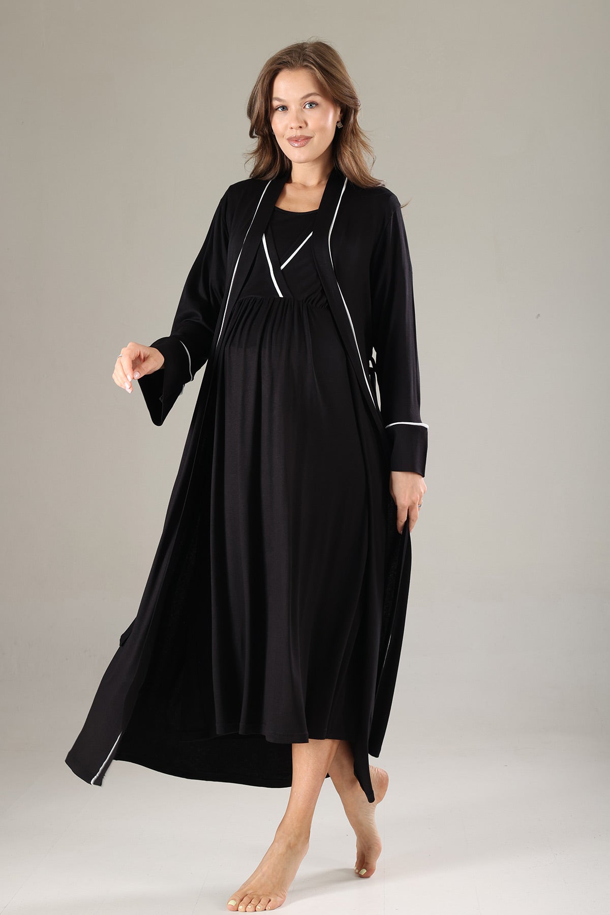 Striped Double Breasted Maternity-Nursing Nightgown & Robe Set Black - 809