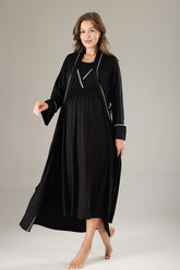 Striped Double Breasted Maternity-Nursing Nightgown & Robe Set Black - 809