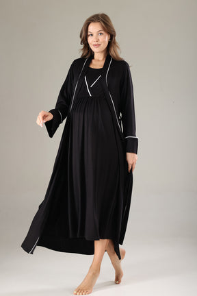 Striped Double Breasted Maternity-Nursing Nightgown & Robe Set Black - 809