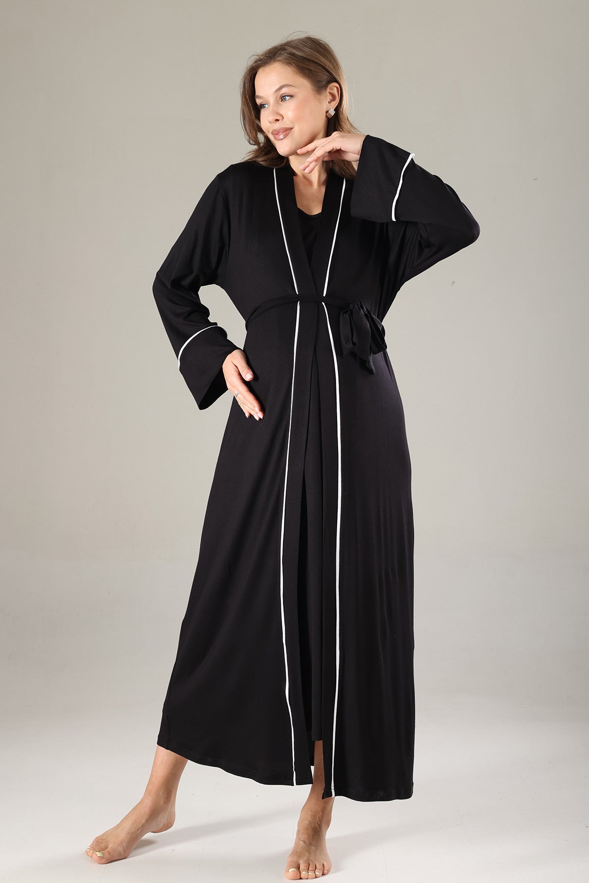 Striped Double Breasted Maternity-Nursing Nightgown & Robe Set Black - 809