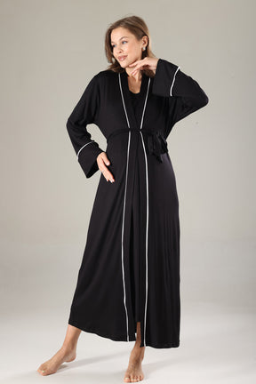 Striped Double Breasted Maternity-Nursing Nightgown & Robe Set Black - 809