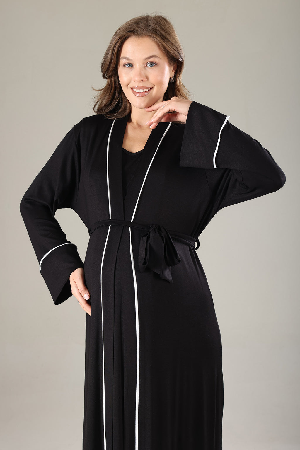 Striped Double Breasted Maternity-Nursing Nightgown & Robe Set Black - 809