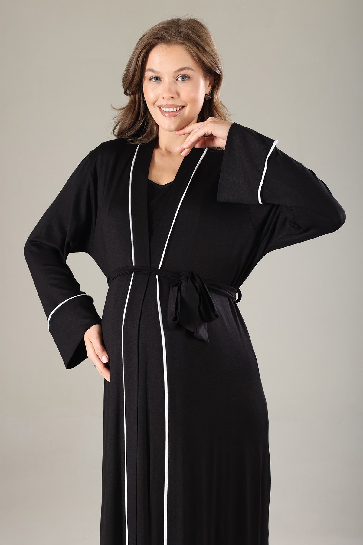 Striped Double Breasted Maternity-Nursing Nightgown & Robe Set Black - 809