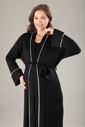 Striped Double Breasted Maternity-Nursing Nightgown & Robe Set Black - 809