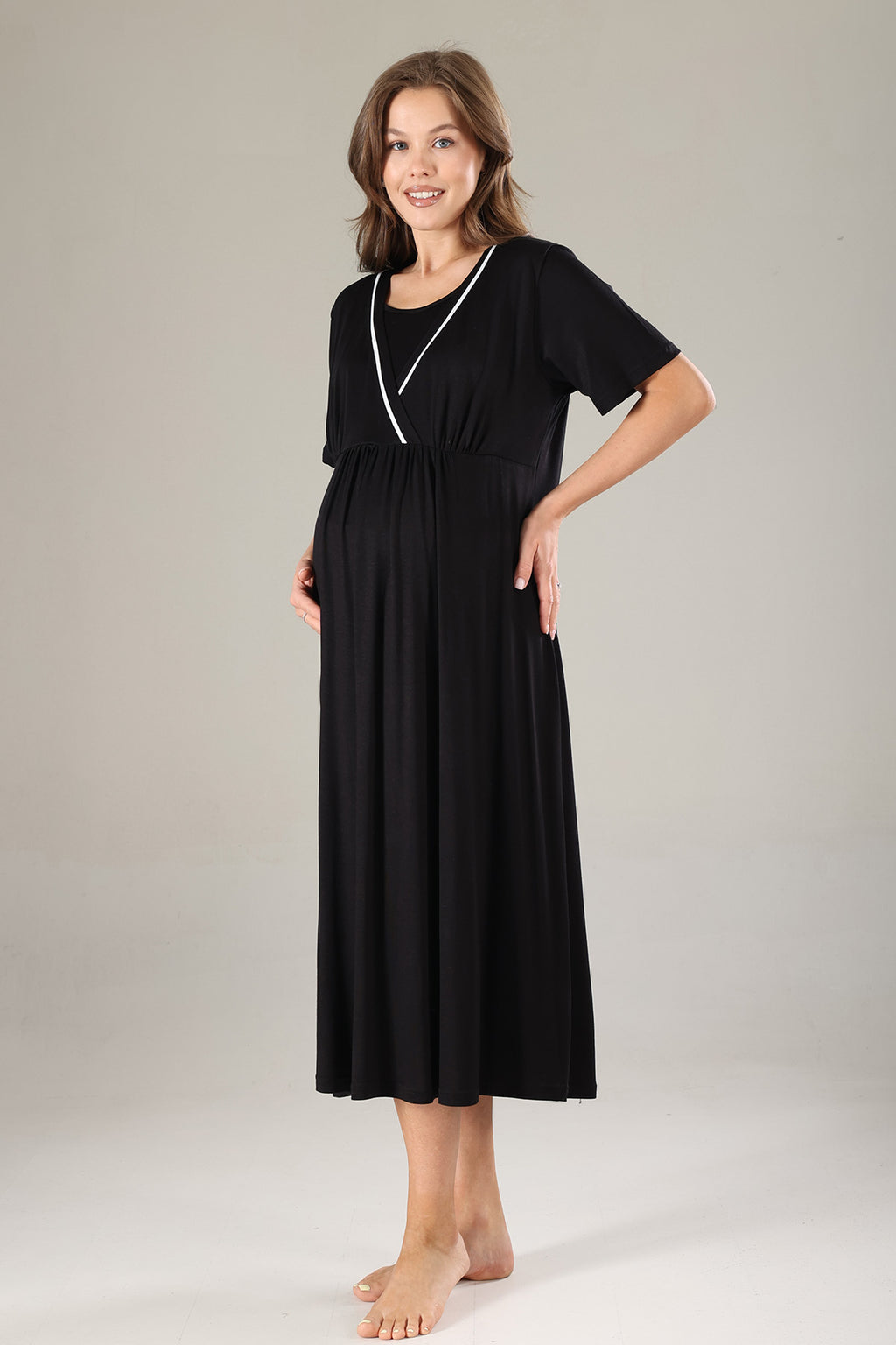 Striped Double Breasted Maternity-Nursing Nightgown & Robe Set Black - 809