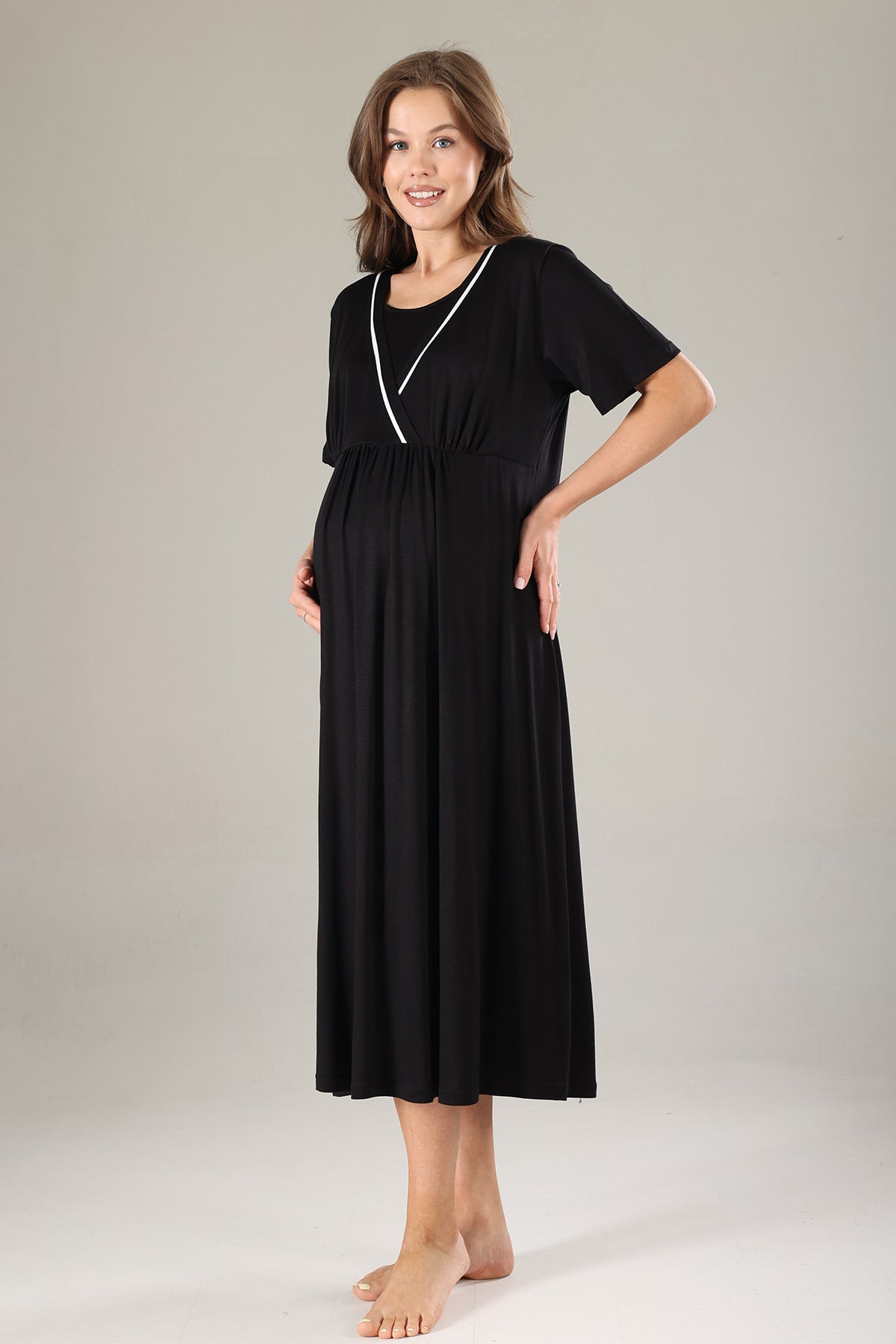 Striped Double Breasted Maternity-Nursing Nightgown & Robe Set Black - 809