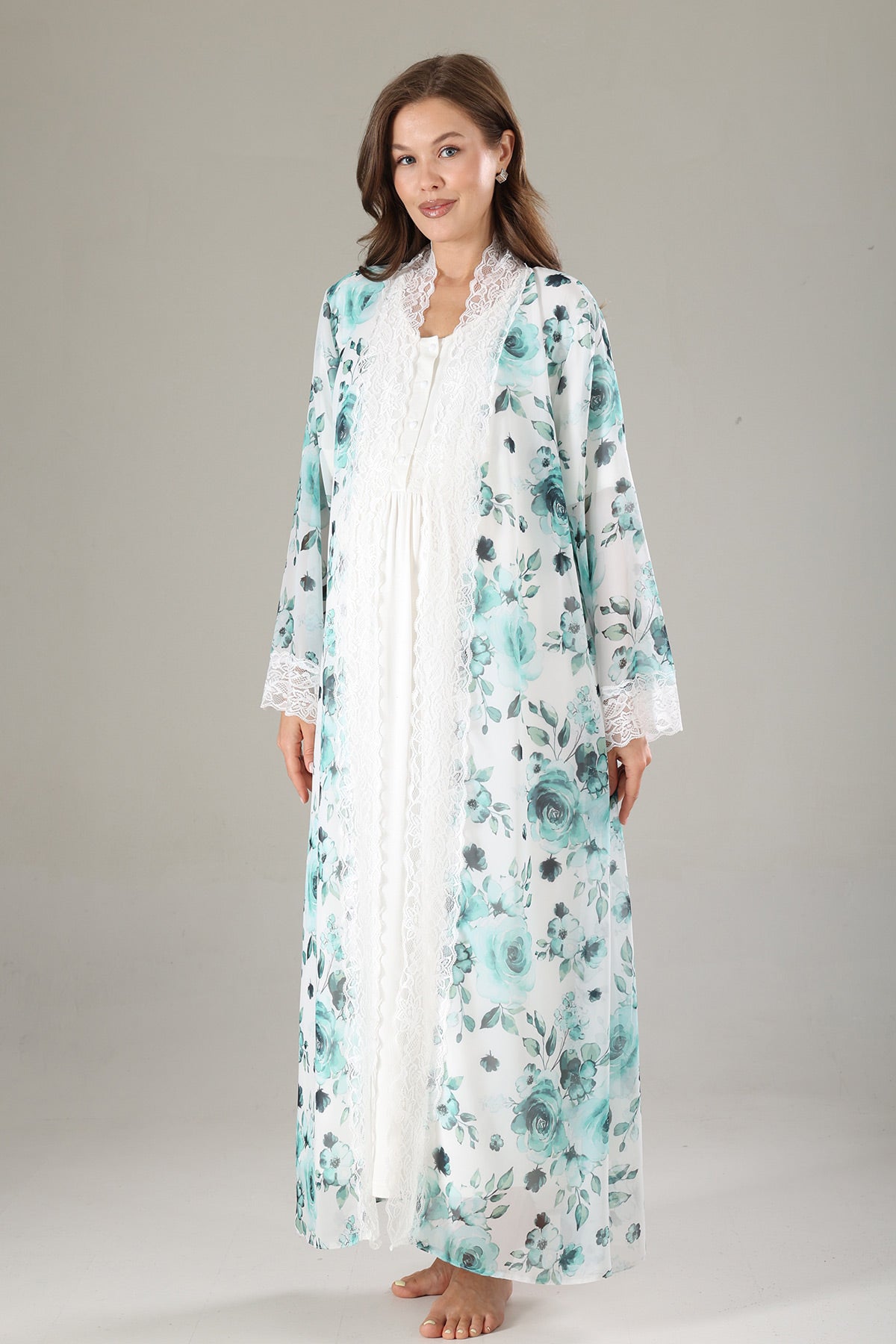 Lacy Maternity-Nursing Nightgown & Lacy Chiffon Robe Set Mint - 810