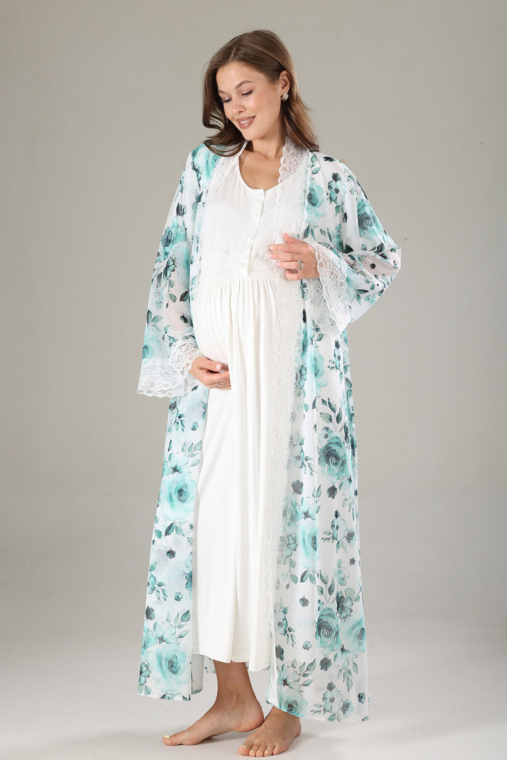 Lacy Maternity-Nursing Nightgown & Lacy Chiffon Robe Set Mint - 810