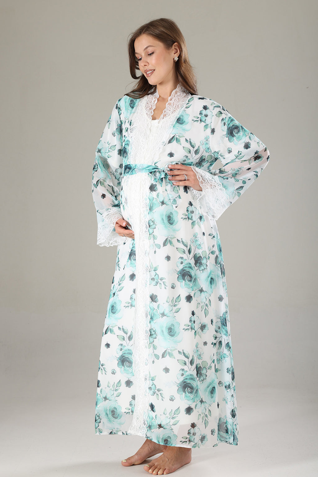 Lacy Maternity-Nursing Nightgown & Lacy Chiffon Robe Set Mint - 810