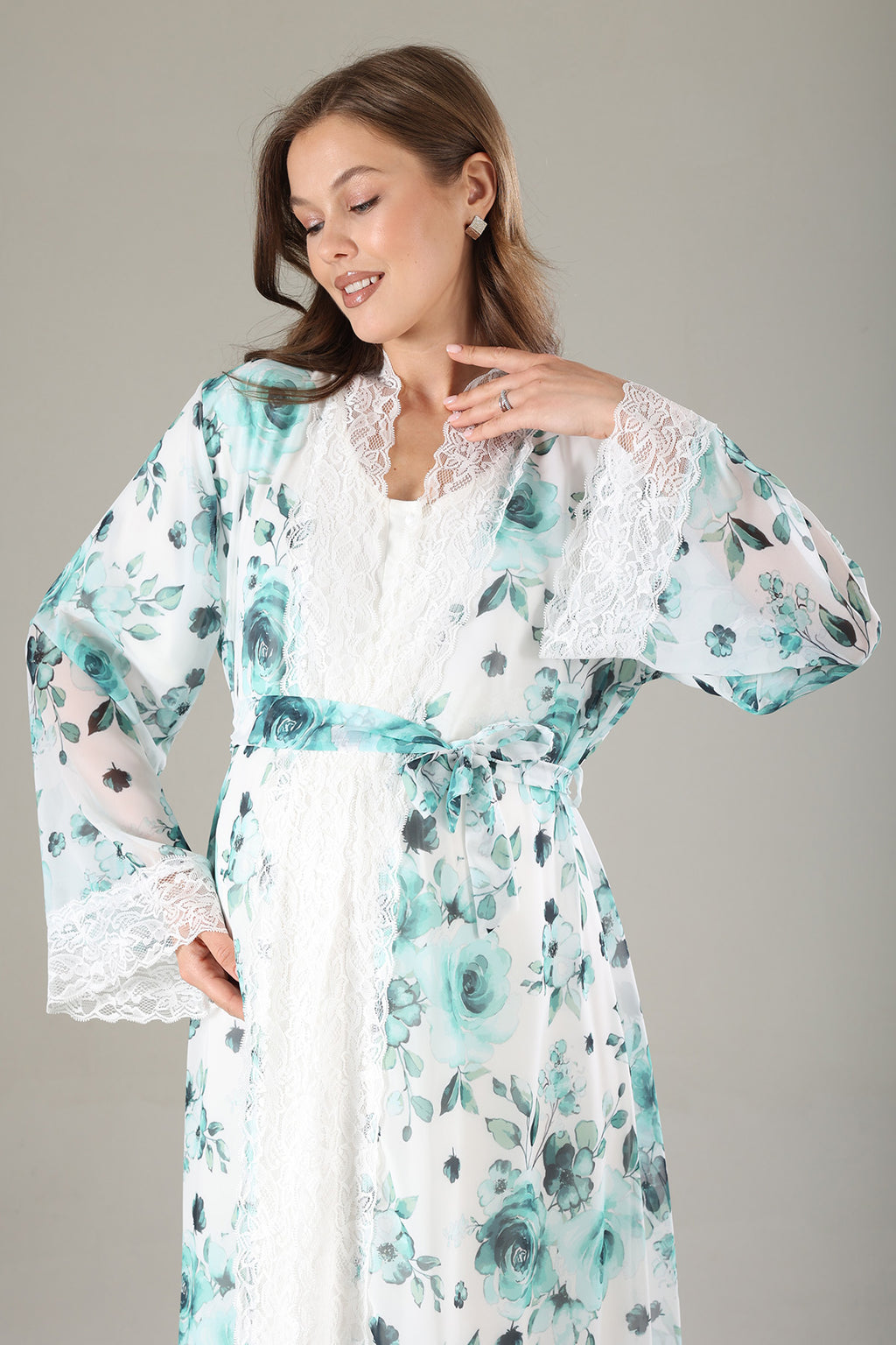 Lacy Maternity-Nursing Nightgown & Lacy Chiffon Robe Set Mint - 810