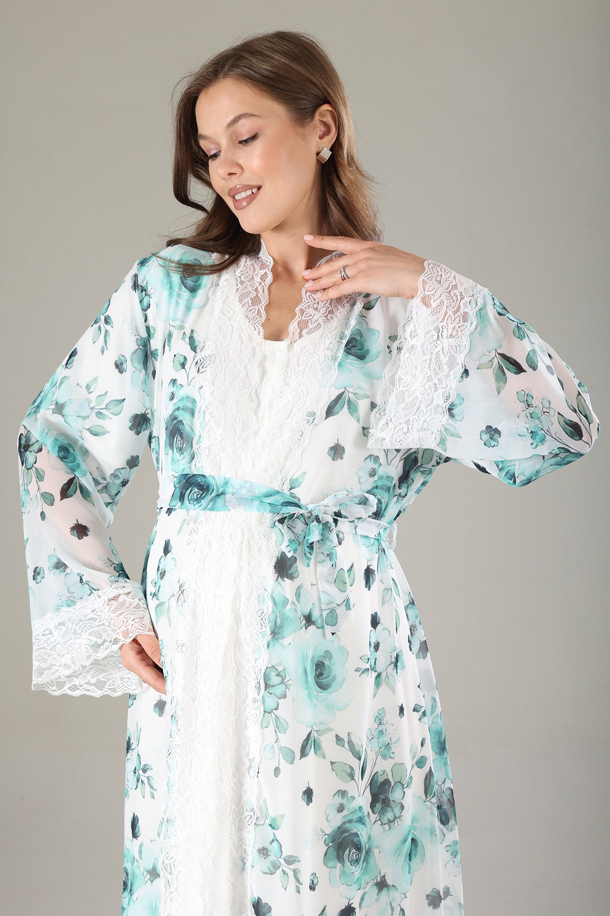 Lacy Maternity-Nursing Nightgown & Lacy Chiffon Robe Set Mint - 810