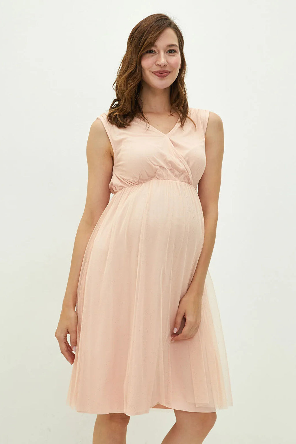 Solid Tulle Wrap Mini Maternity Dress Pink - 8100