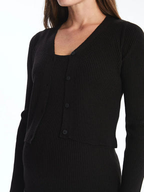 U-Neck Knitwear Maternity Dress And Cardigan Set Black - 8105