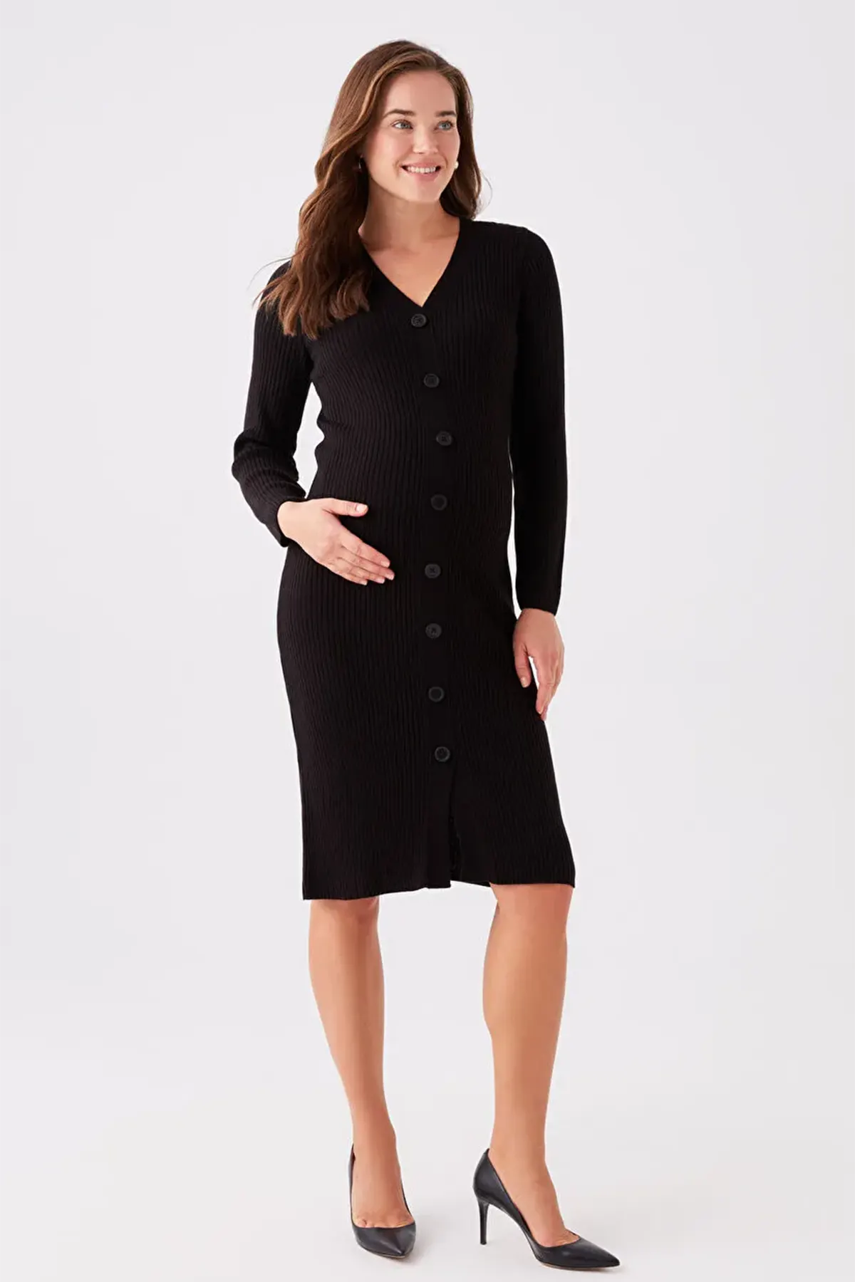 V-Neck Knitwear Maternity & Nursing Dress Black - 8108