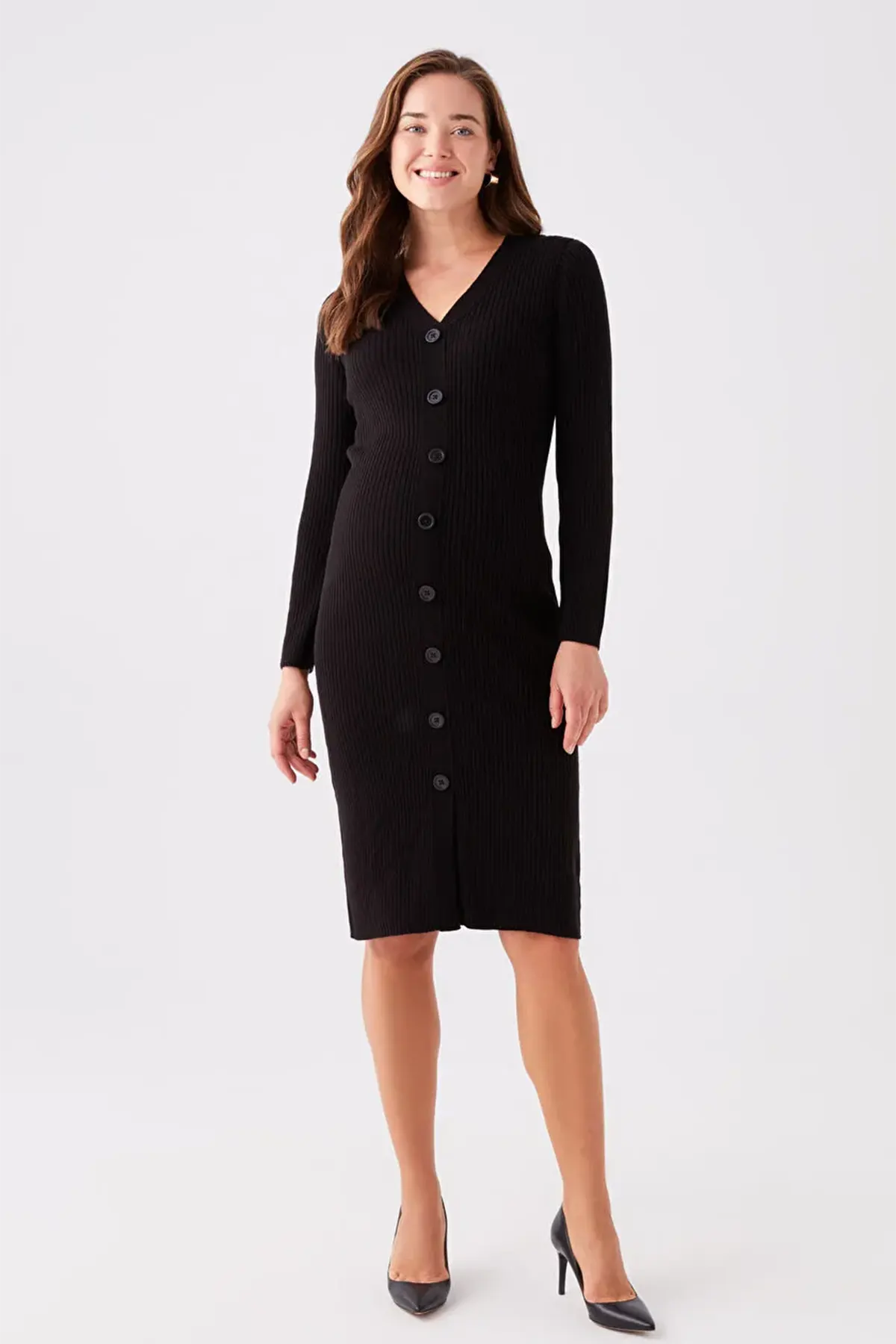 V-Neck Knitwear Maternity & Nursing Dress Black - 8108