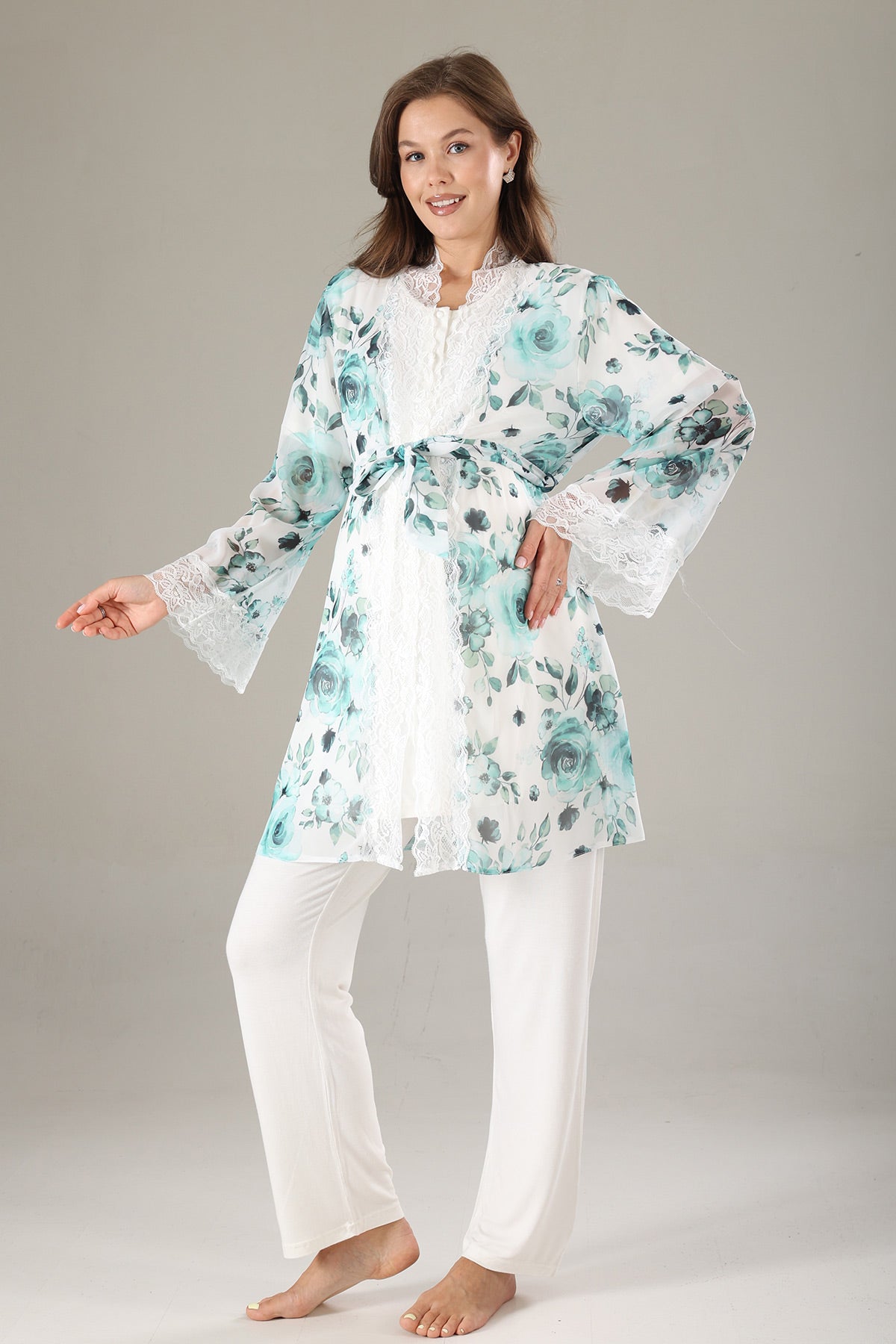 Lacy 3-Piece Maternity-Nursing Pajama & Lacy Chiffon Robe Set Mint - 811