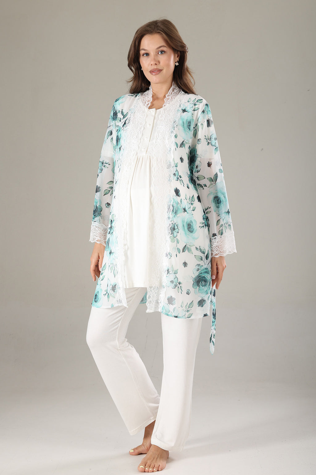 Lacy 3-Piece Maternity-Nursing Pajama & Lacy Chiffon Robe Set Mint - 811